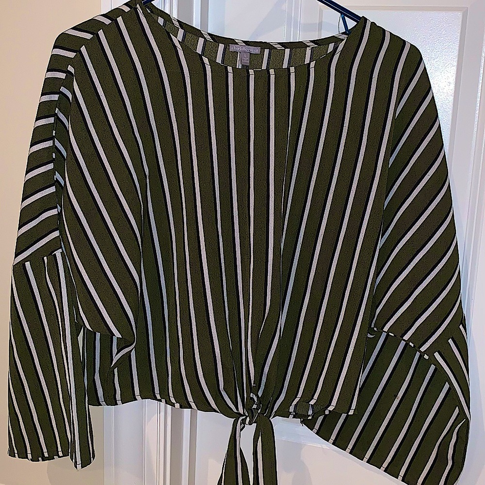 Charlotte Russe Olive Green Striped Long Sleeve Cropped Blouse